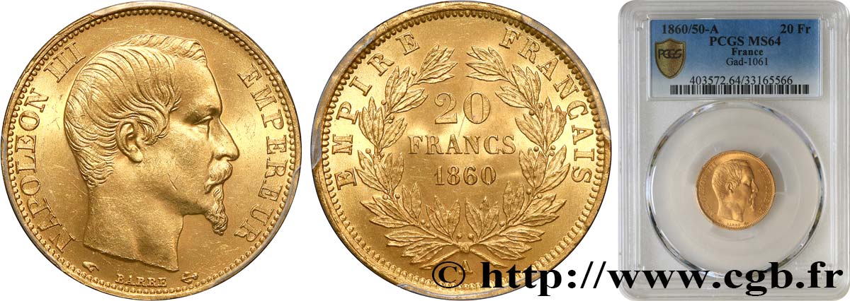 20 francs or Napoléon III, tête nue 1860 Paris F.531/17 SC64 PCGS