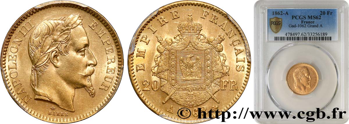 20 francs or Napoléon III, tête laurée 1862 Paris F.532/4 MS62 PCGS