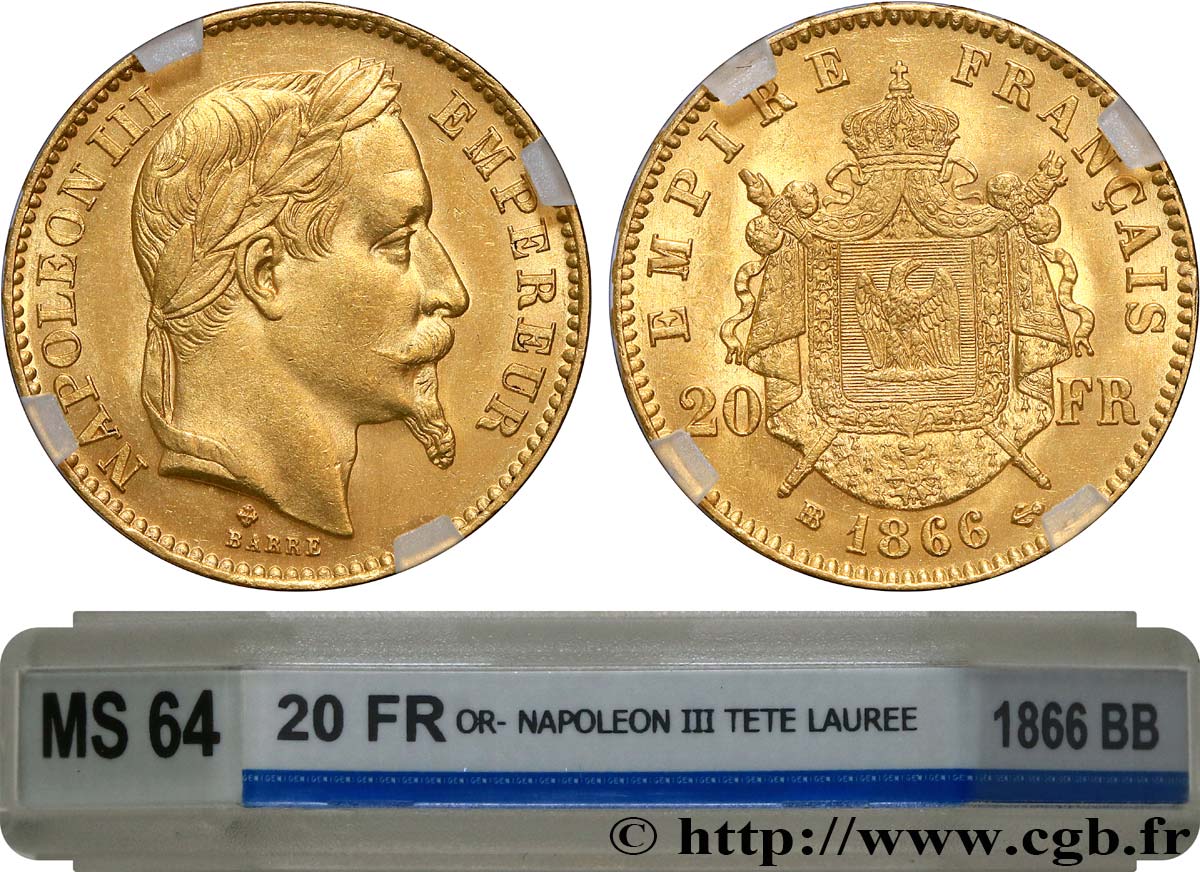 20 francs or Napoléon III, tête laurée 1866 Strasbourg F.532/14 SPL64 GENI