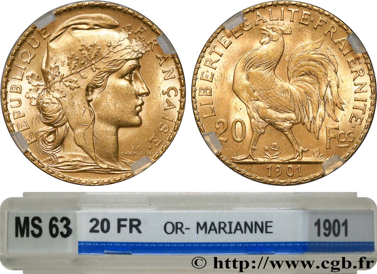 20 francs or Coq, Dieu protège la France 1901 Paris F.534/6 MS63 GENI