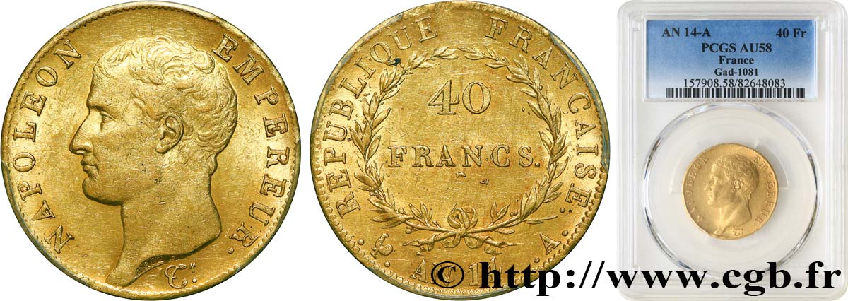 40 francs or Napoléon tête nue, Calendrier révolutionnaire 1805 Paris F.537/2 SPL58 PCGS