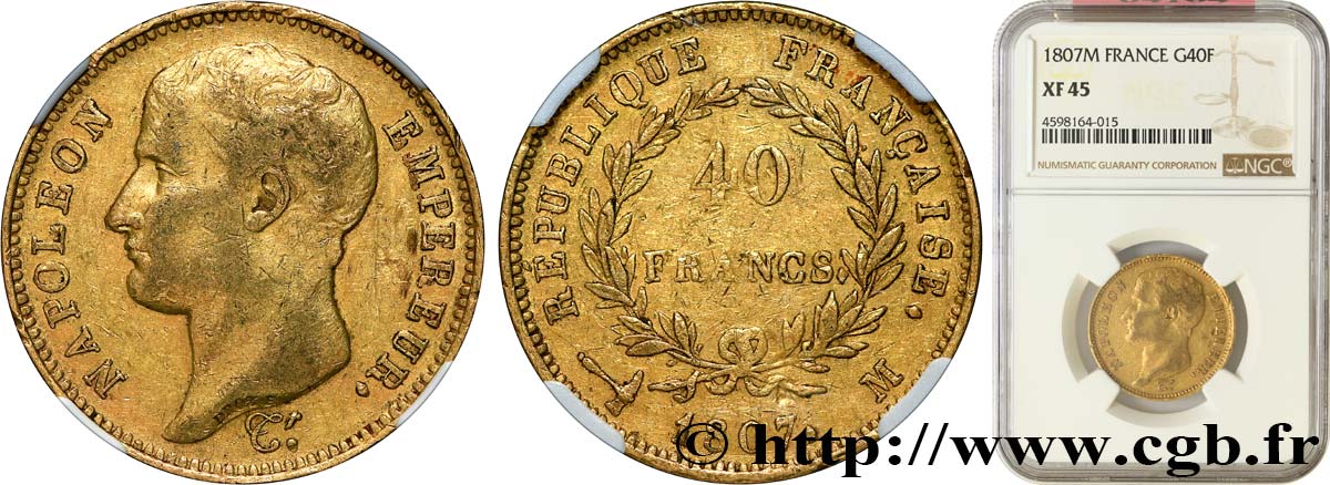 40 francs or Napoléon tête nue, type transitoire 1807 Toulouse F.539/3 XF45 NGC
