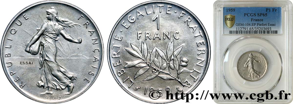 Essai-Piéfort de 1 franc Semeuse, nickel 1959 Paris GEM.104 EP FDC65 PCGS