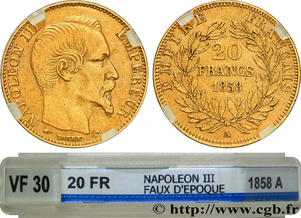 FAUX de 20 francs or Napoléon III, tête nue, Montecatini 1858 Paris F.531/13 var. TB30 GENI