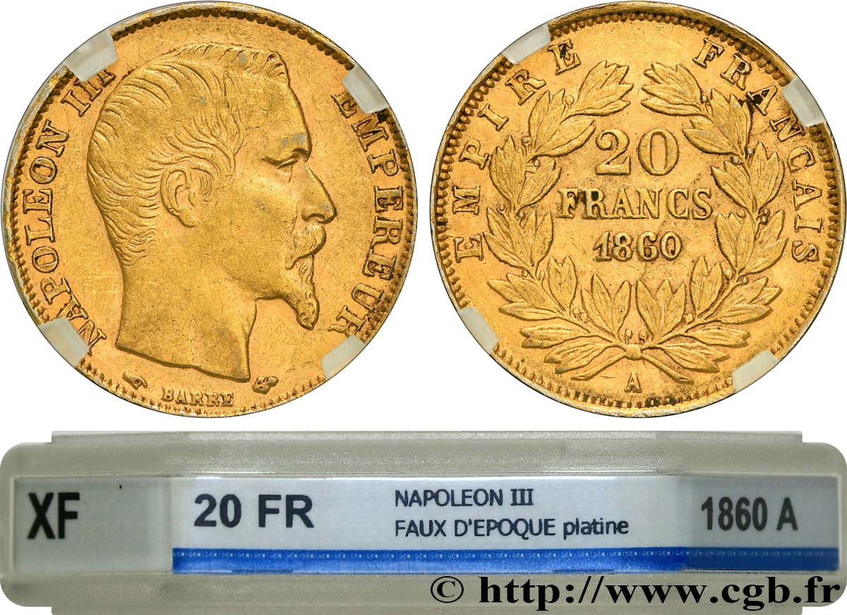 FAUX en platine de 20 francs or Napoléon III, tête nue 1860 Paris F.531/18 var. TTB GENI