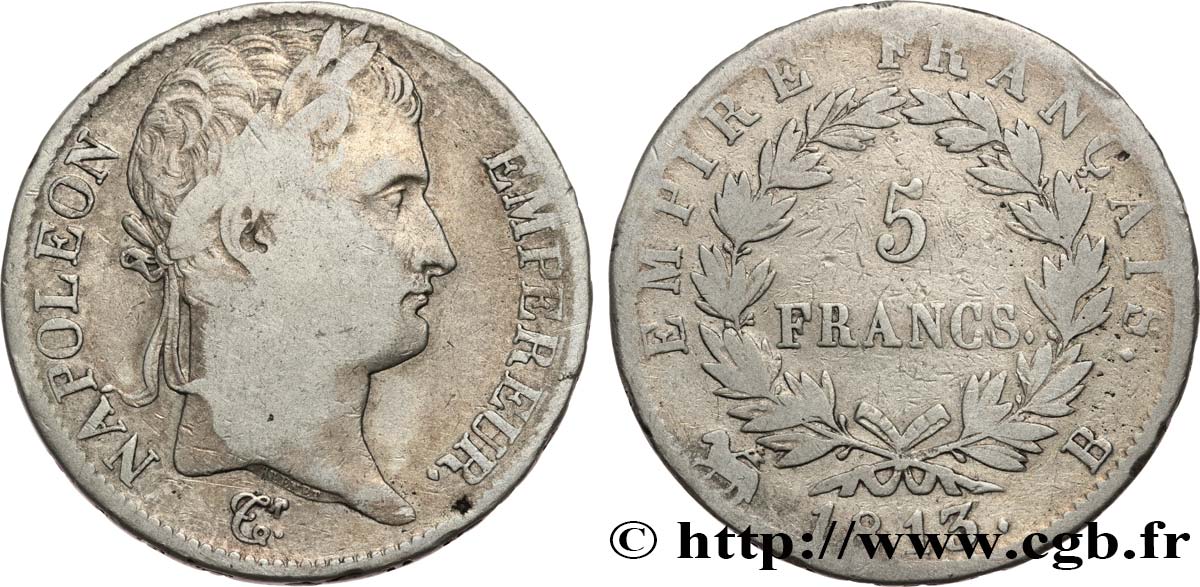 5 francs Napoléon Empereur, Empire français, tranche fautée 1813 Rouen F.307/59 TB15 