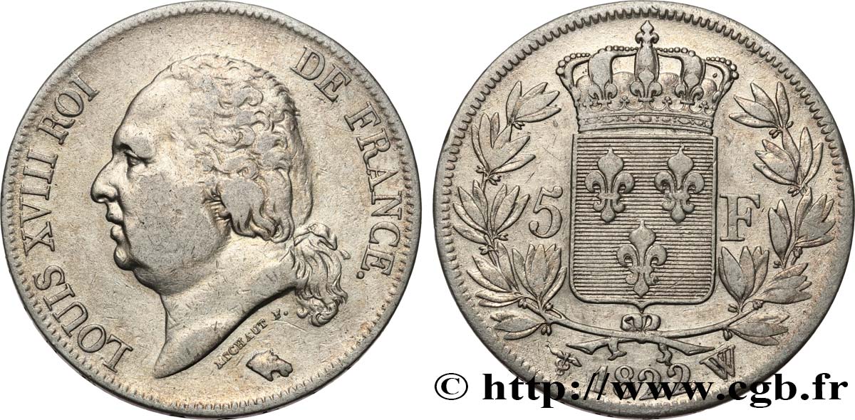 5 francs Louis XVIII, tête nue 1822 Lille F.309/75 TB 