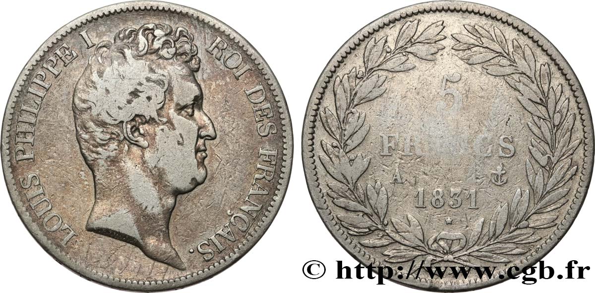 5 francs type Tiolier avec le I, tranche en creux 1831 Paris F.315/14 TB 