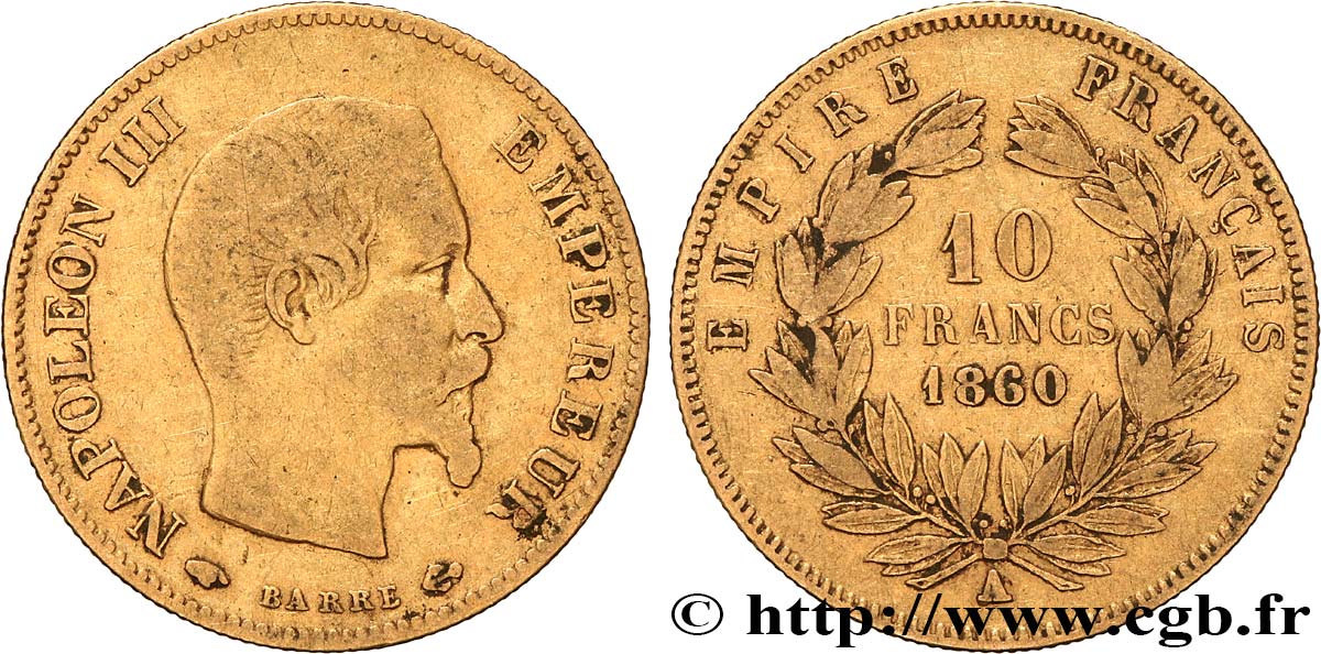 10 francs or Napoléon III, tête nue 1860 Paris F.506/9 VF 
