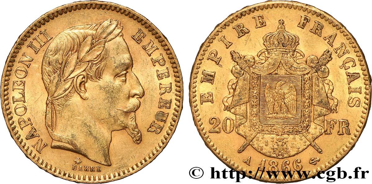 20 francs or Napoléon III, tête laurée 1866 Paris F.532/13 fVZ 