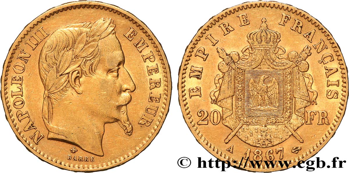 20 francs or Napoléon III, tête laurée 1867 Paris F.532/15 TTB 