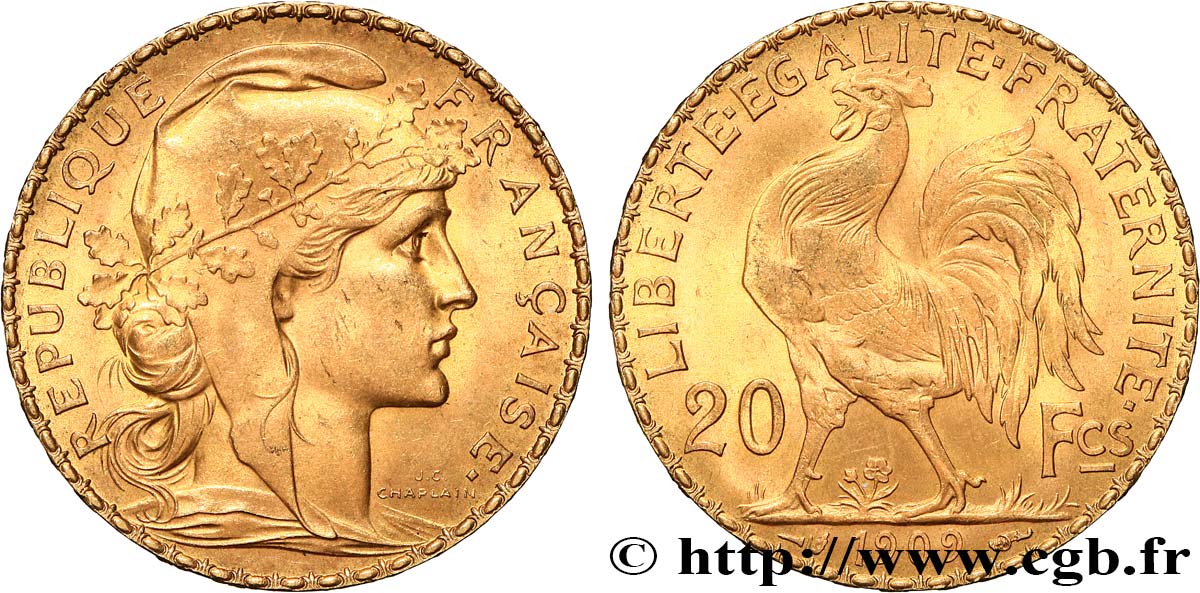 20 francs or Coq, Liberté Égalité Fraternité 1909 Paris F.535/3 SUP+ 