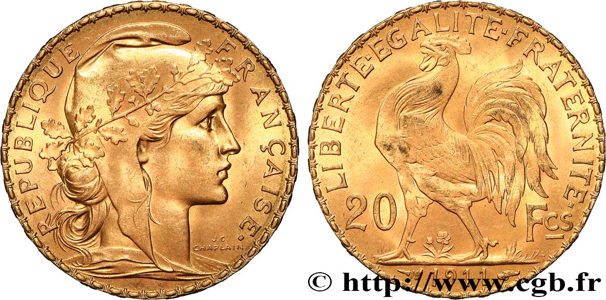 20 francs or Coq, Liberté Égalité Fraternité 1911 Paris F.535/5 SUP+ 