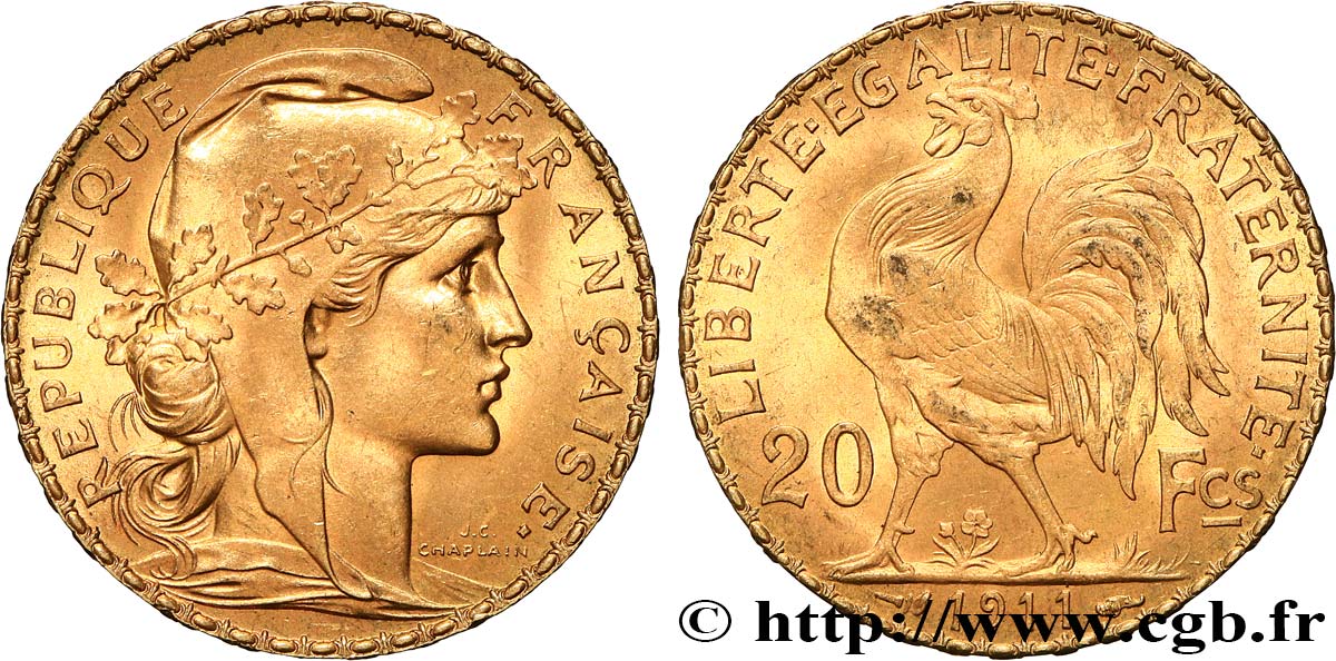20 francs or Coq, Liberté Égalité Fraternité 1911 Paris F.535/5 SUP+ 