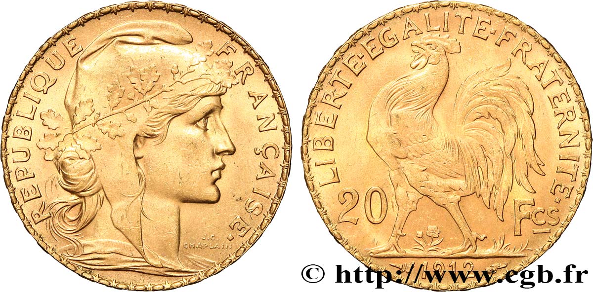 20 francs or Coq, Liberté Égalité Fraternité 1912 Paris F.535/6 SUP 