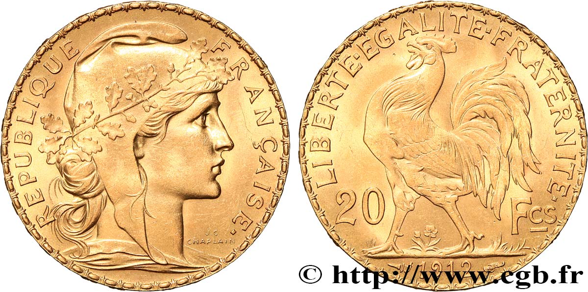 20 francs or Coq, Liberté Égalité Fraternité 1912 Paris F.535/6 SUP+ 