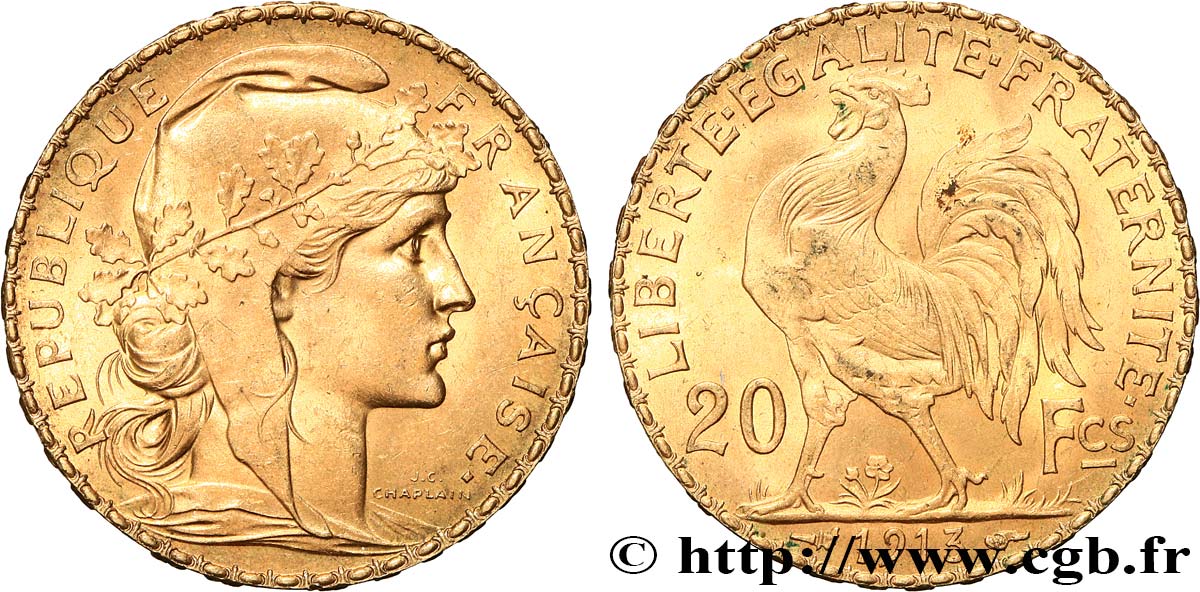 20 francs or Coq, Liberté Égalité Fraternité 1913 Paris F.535/7 SUP 