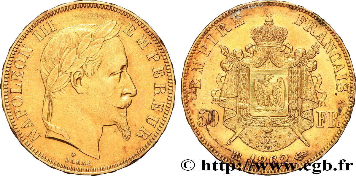 50 francs or Napoléon III, tête laurée 1862 Strasbourg F.548/2 q.SPL 