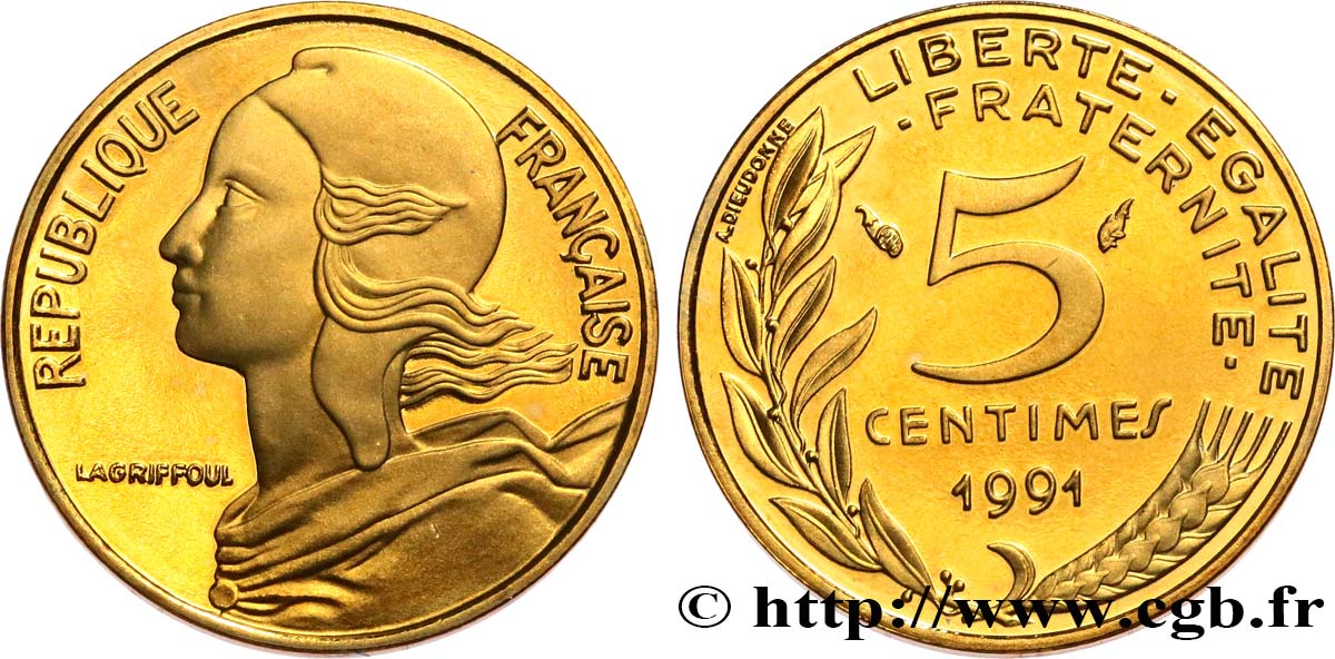 5 centimes Marianne, BE (Belle Épreuve) 1991 Pessac F.125/27 var. MS 