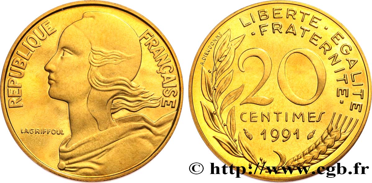20 centimes Marianne, BE (Belle Épreuve) 1991 Pessac F.156/31 var. MS 