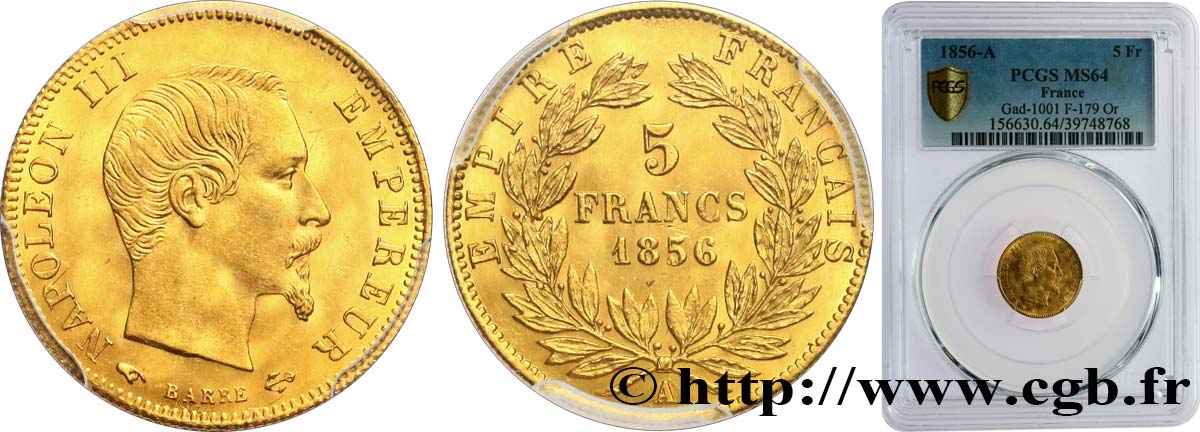 5 francs or Napoléon III, tête nue, grand module 1856 Paris F.501/2 fST64 PCGS