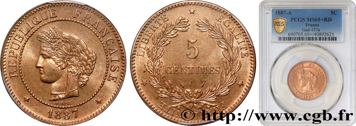5 centimes Cérès 1887 Paris F.118/29 ST65 PCGS