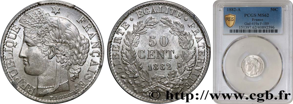 50 centimes Cérès, IIIe République 1882 Paris F.189/10 MS62 PCGS