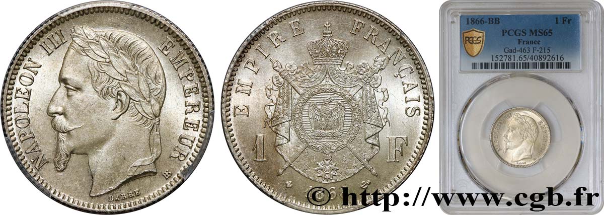 1 franc Napoléon III, tête laurée 1866 Strasbourg F.215/4 MS65 PCGS