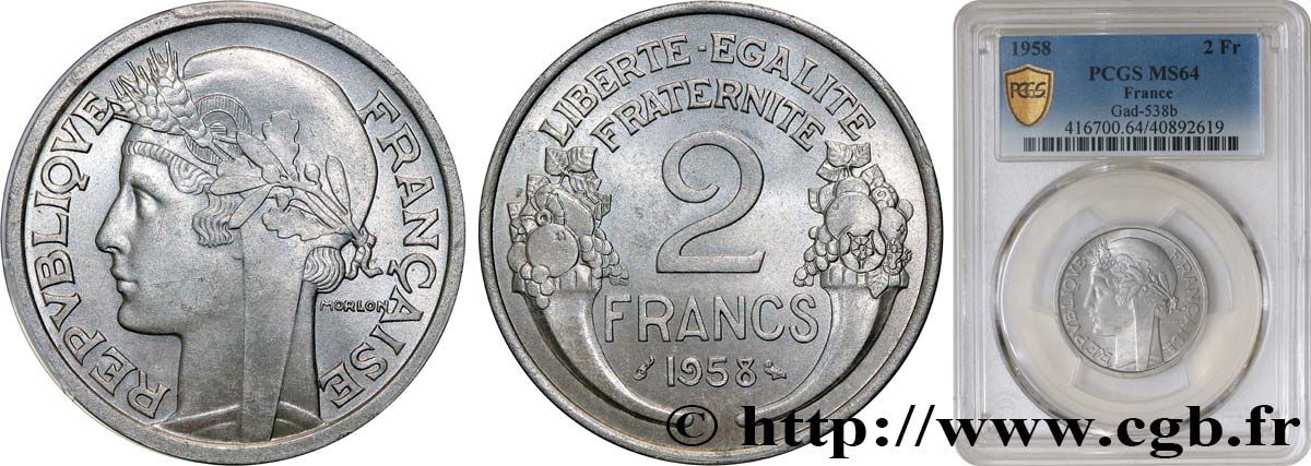 2 francs Morlon, aluminium 1958  F.269/18 MS64 PCGS