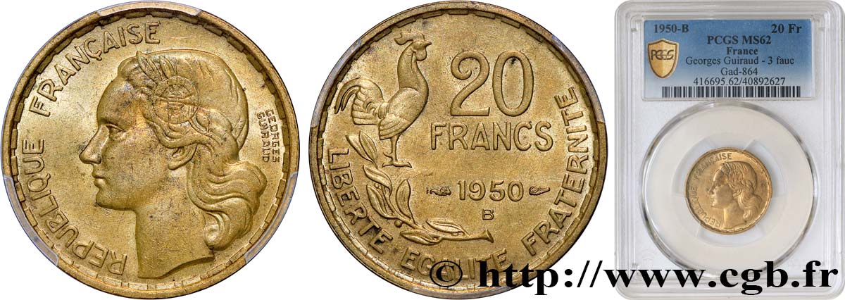 20 francs Georges Guiraud, 3 faucilles 1950 Beaumont-Le-Roger F.401/2 SUP62 PCGS