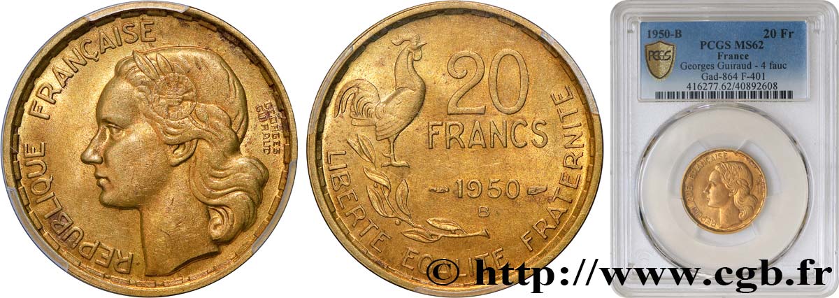 20 francs Georges Guiraud, 4 faucilles 1950 Beaumont-Le-Roger F.401/3 MS62 PCGS