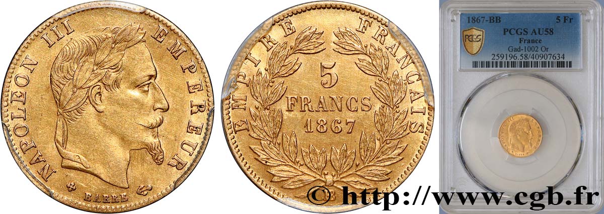 5 francs or Napoléon III, tête laurée 1867 Strasbourg F.502/12 AU58 PCGS