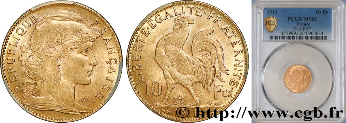 10 francs or Coq 1911 Paris F.509/12 EBC62 PCGS