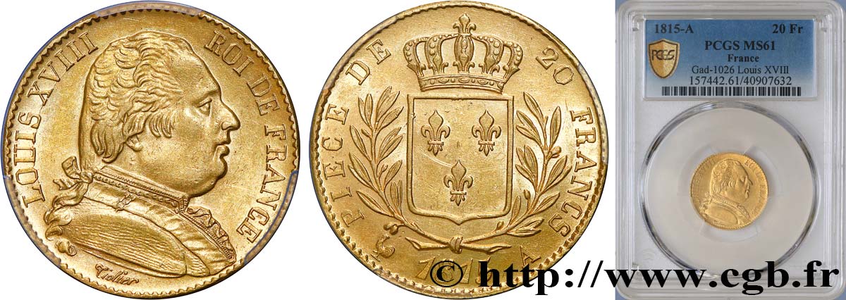 20 francs or Louis XVIII, buste habillé 1815 Paris F.517/10 VZ61 PCGS