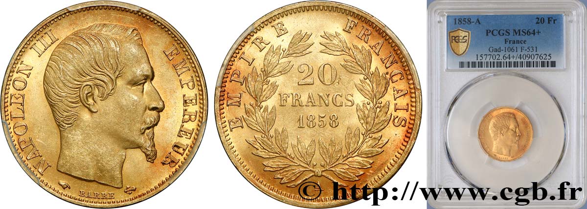 20 francs or Napoléon III, tête nue 1858 Paris F.531/13 SC64 PCGS