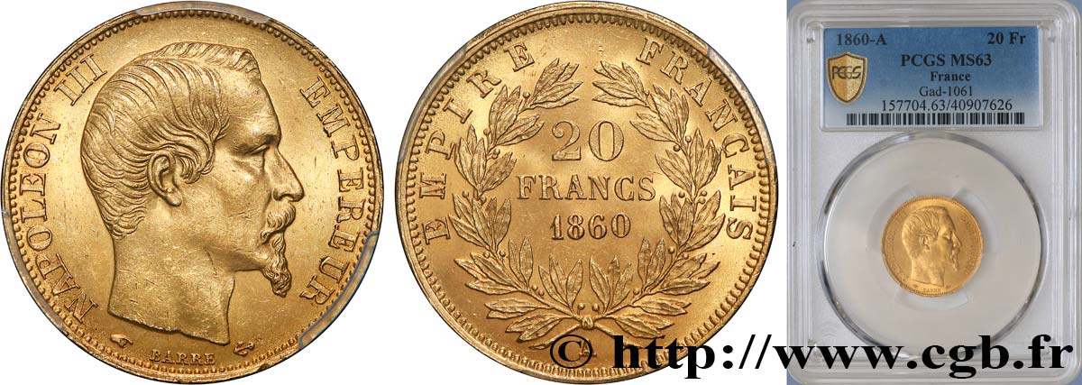 20 francs or Napoléon III, tête nue 1860 Paris F.531/18 SPL63 PCGS