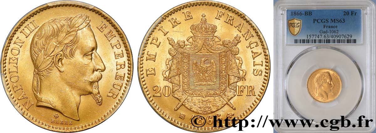 20 francs or Napoléon III, tête laurée 1866 Strasbourg F.532/14 MS63 PCGS