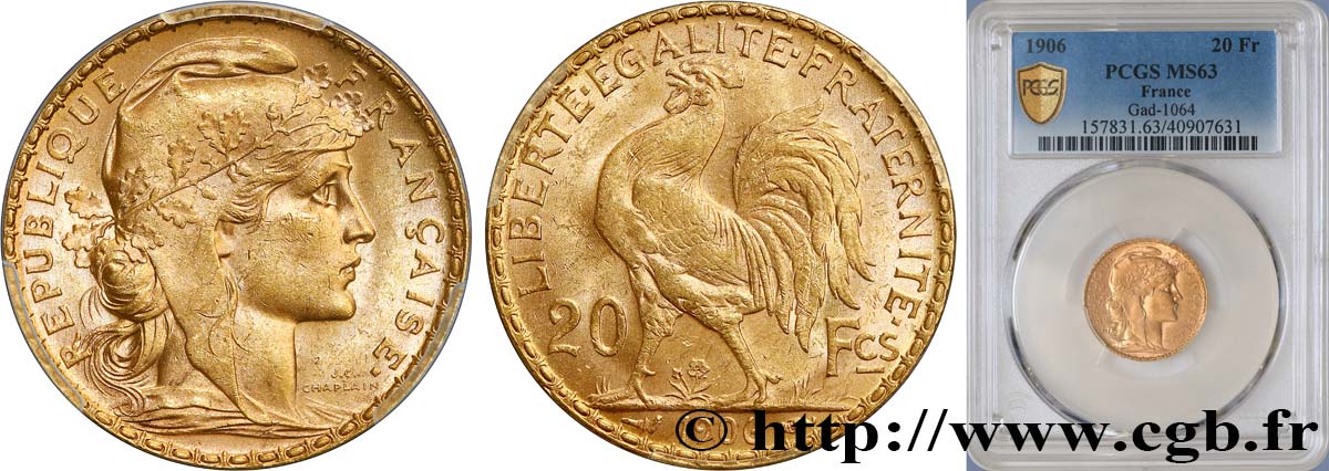 20 francs or Coq, Dieu protège la France 1906 Paris F.534/11 fST63 PCGS