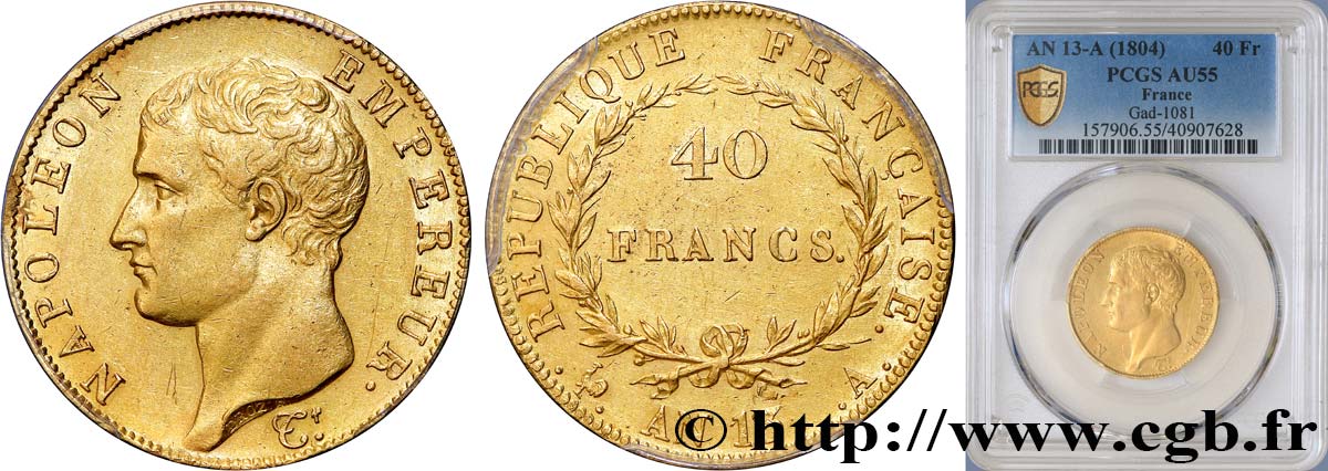 40 francs or Napoléon tête nue, Calendrier révolutionnaire 1805 Paris F.537/1 SPL55 PCGS