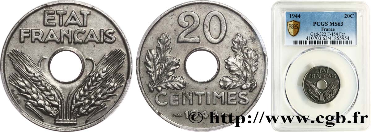 20 centimes fer 1944  F.154/3 fST63 PCGS