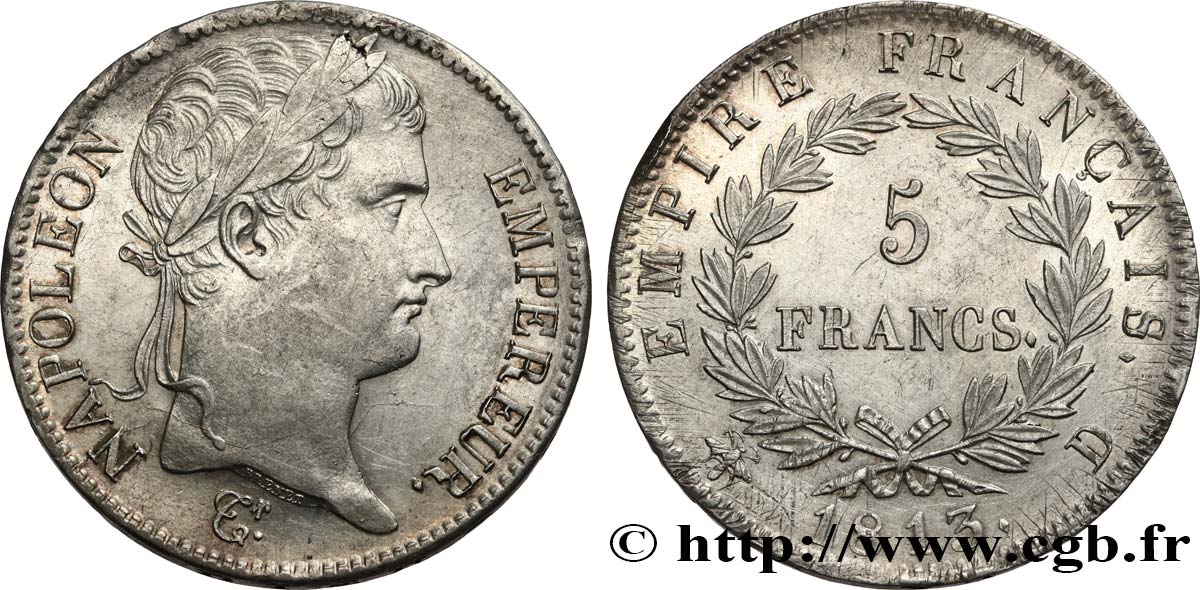 5 francs Napoléon Empereur, Empire français 1813 Lyon F.307/62 AU50 