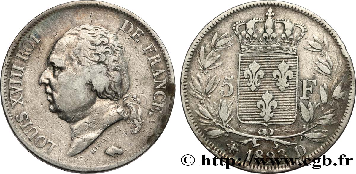 5 francs Louis XVIII, tête nue 1823 Lyon F.309/79 BC+ 