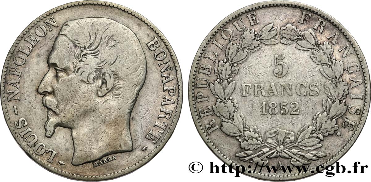 5 francs Louis-Napoléon, 1er type 1852 Paris F.329/1 TB20 