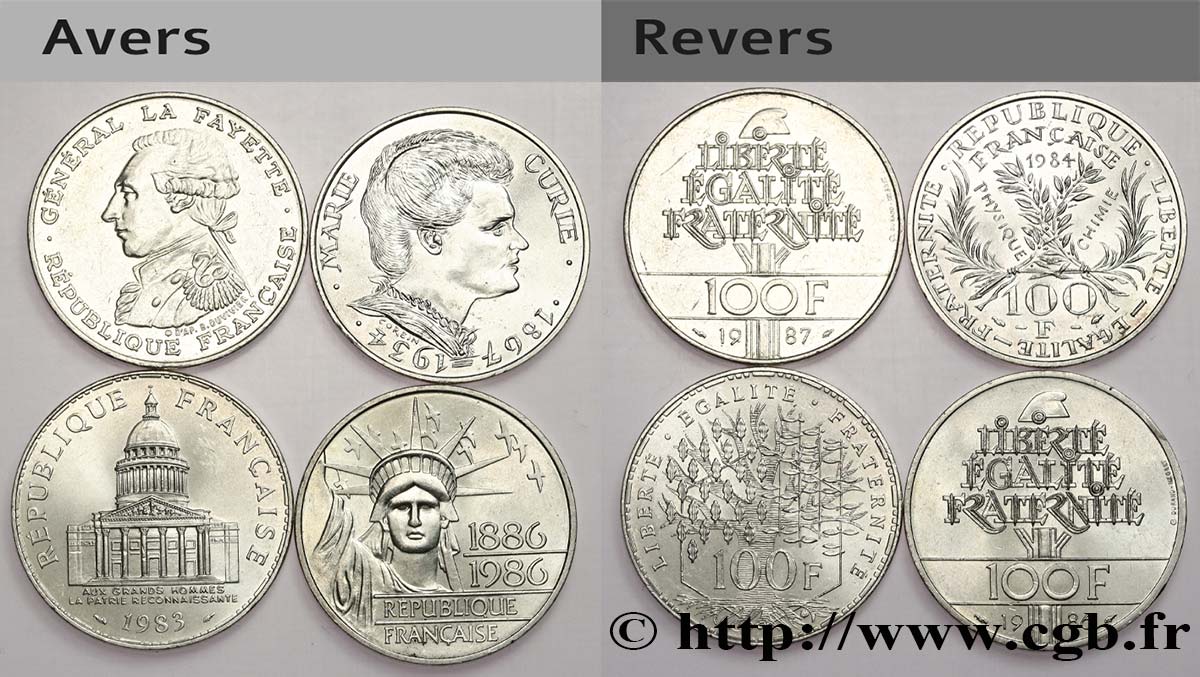 Lot de 4 pièces de 100 francs commémoratives - - F.-/ SPL 