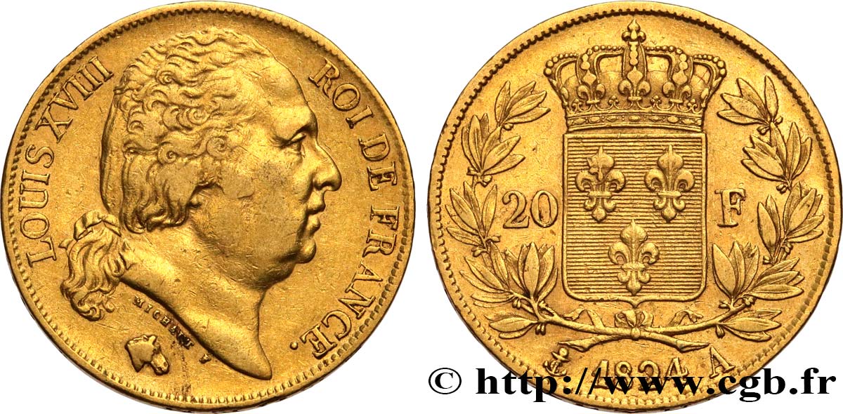 20 francs or Louis XVIII, tête nue 1824 Paris F.519/31 TTB 