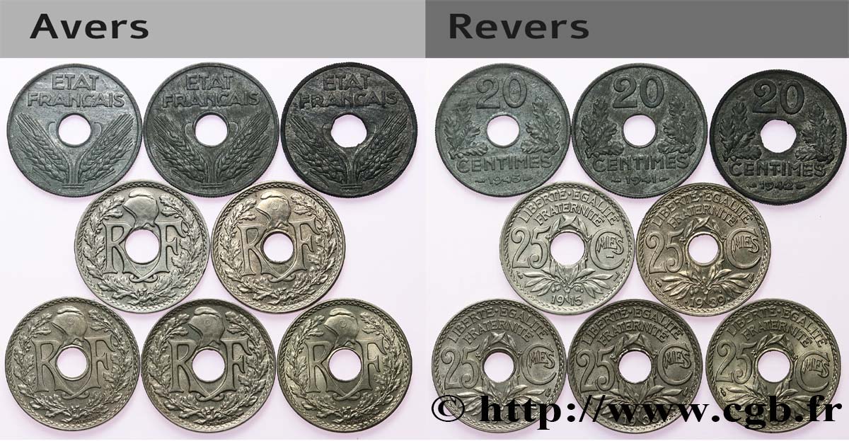 Lot de 3 pièces de 20 centimes ETAT FRANCAIS, lourde et de 5 pièces de 25 centimes Lindauer n.d.  F.153/2-4-5 TTB+/SUP 