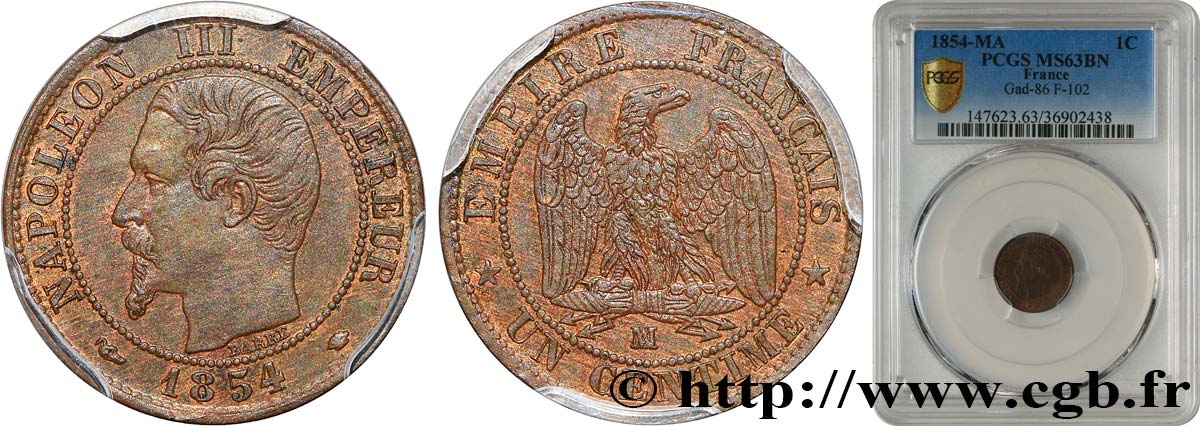 Un centime Napoléon III, tête nue 1854 Marseille F.102/14 MS63 PCGS