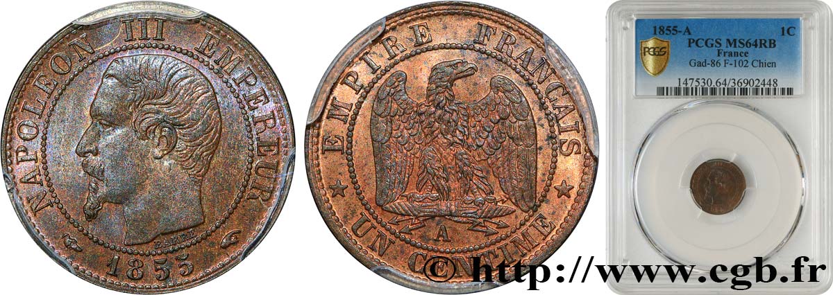 Un centime Napoléon III, tête nue, différent levrette 1855 Paris F.102/15 fST64 PCGS