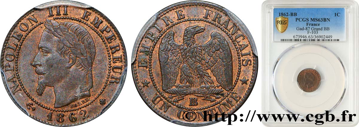 Un centime Napoléon III, tête laurée 1862 Strasbourg F.103/6 MS63 PCGS