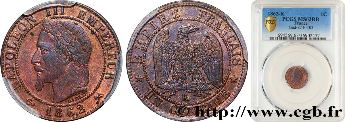 Un centime Napoléon III, tête laurée 1862 Bordeaux F.103/7 SPL63 PCGS